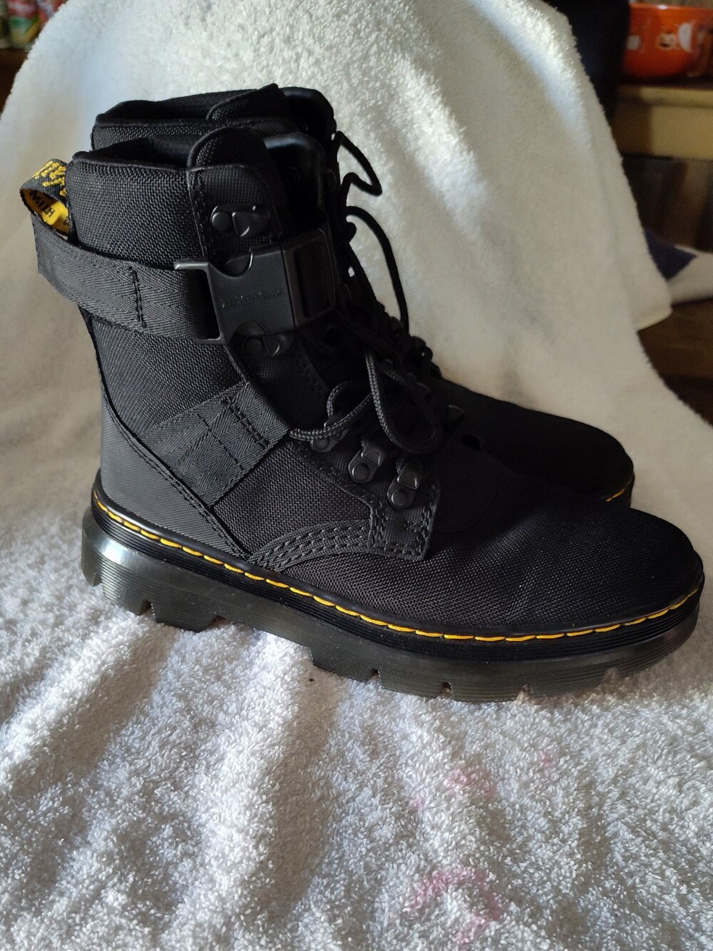 Dr. Martens Black Canvas Combat Boots with Yellow Stitching Accent